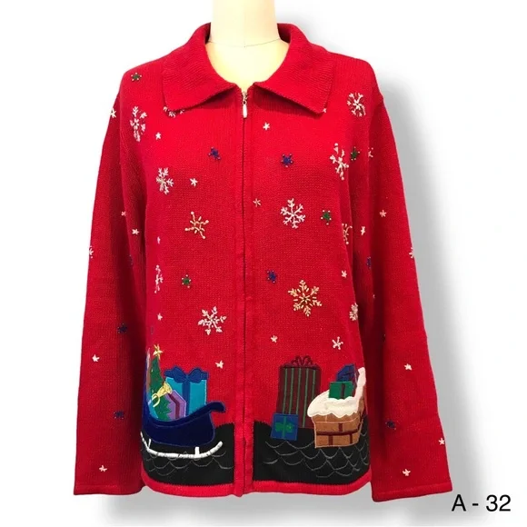 Planet & Company Womens Sz L Ugly Christmas Sweater Cardigan Santa Checking List - Picture 2 of 10